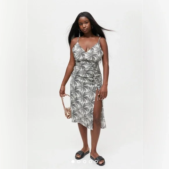 ruched satin slip midi dress Ruched Bust Satin Slip Dress - Taupe